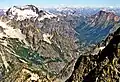 Martin Peak (upper right) and Bonanza Peak (left) seen from Seven Fingered Jack