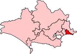 Map showing the location of the Bournemouth East constituency in Dorset under the boundaries created by the 2023 boundary review and first used at the 2024 general election.