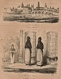 View of Lima and the Tapada limeña (a colonial women fashion) in a painting of 1842 by d'Orbigny and Benoît. Museum of the Americas, Spain.[34]