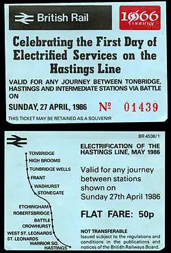 Photograph showing both sides of the souvenir ticket from the first day of electric train operation, 27 April 1986.