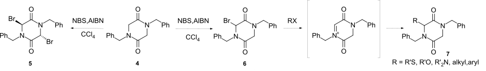 Bromination of 2,5-Diketopiperazines followed by Nucleophilic displacement