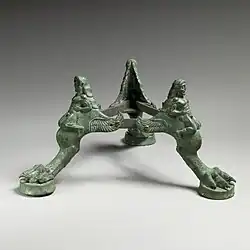 Etruscan tripod base for a thymiaterion (incense burner); 475–450 BCE; bronze; height: 11 cm; Metropolitan Museum of Art