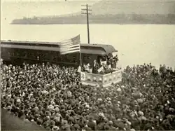 Democratic presidential nominee William Jennings Bryan delivers a whistle-stop speech in Wellsville, Ohio during his 1896 presidential campaign