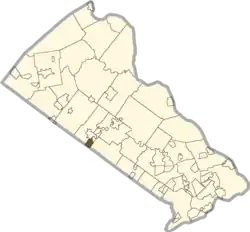 An outline map of Bucks County, PA with Brittany Farms-The Highlands shaded in
