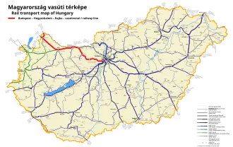 Route map showing the path of the Budapest–Hegyeshalom railway line