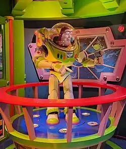 Buzz Lightyear in the queue of Buzz Lightyear Astro Blasters at Disneyland