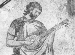 Roman or Byzantine pandoura from a 6th-century A.D. mosaic in the Great Palace of Constantinople. The instrument has three strings.[15]