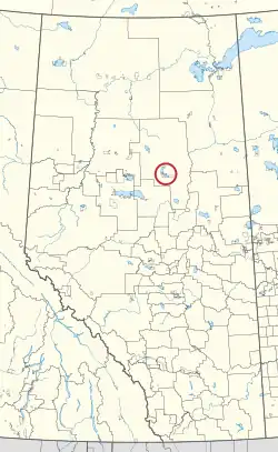 A map of the province of Alberta showing 80 counties and 145 small Indian reserves. One is highlighted with a red circle.