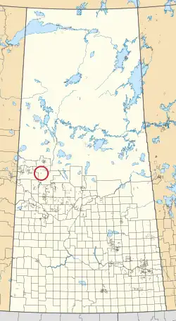 A map of the province of Saskatchewan showing 297 rural municipalities and hundreds of small Indian reserves. One is highlighted with a red circle.