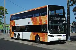 Volgren bodied Volvo B9TL double decker at Werribee station in September 2023. This is the only double decker bus in Victoria used on route operations.