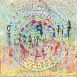 A crude drawing of CMAT surrounded by streetlights, figures, and dots of different colours in a circle around her