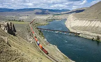 Westward view of CN bridge and CP Terminal (background), Ashcroft, 2011
