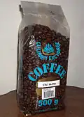 Coffee beans in a plastic bag purchased at local grocery store