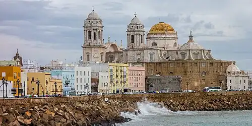 View of the cathedral of Cádiz, with the sea in front
