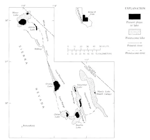 Map showing the system of once-interconnected Pleistocene lakes in eastern California