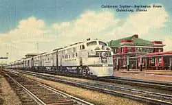 The Burlington Route operated the eastern portion of the route, between Denver and Chicago. This postcard from the early 1950s shows the train passing Galesburg, Illinois.