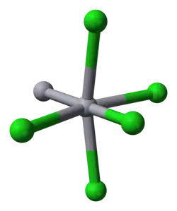 Ball-and-stick model of the distorted octahedral coordination of mercury in calomel