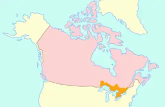 Map of Upper Canada (orange) with 21st-century Canada (pink) surrounding it