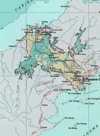 Map of Panama Canal Zone. The Caribbean Sea is at the top left, the Gulf of Panama at bottom right.