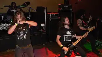 Cannabis Corpse performing at Jaxx Club (Springfield, Virginia), 2010. Left to right: Josh Hall, Andy Horn, Phil Hall