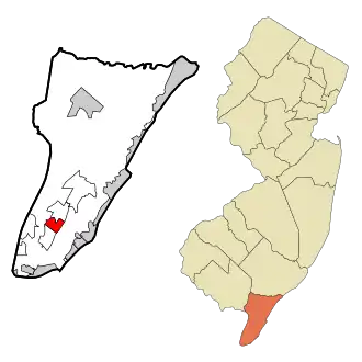 Map of Rio Grande highlighted within Cape May County. Right: Location of Cape May County in New Jersey.