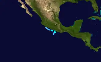 Map plotting the track and the intensity of the storm, according to the Saffir–Simpson scale