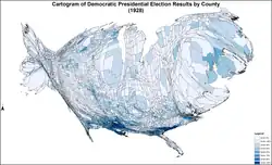 Cartogram of Democratic presidential election results by county