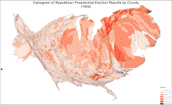 Cartogram of Republican presidential election results by county