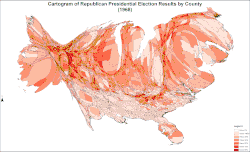 Cartogram of Republican presidential election results by county