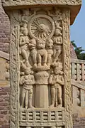 Sanchi gateway relief showing a possible depiction of the Sarnath pillar, Satavahana period, 1st century CE.