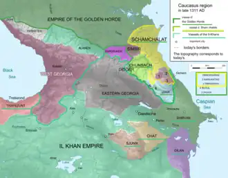 Map of fragmented Kingdom of Georgia in 1311, with the Western Kingdom of Georgia in purple, and the Eastern Kingdom of Georgia in grey
