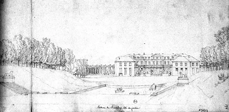 View of the south (garden) facade with the colonnades and pavilions added by Le Camus (undated drawing from the Bibliothèque nationale de France)[35]