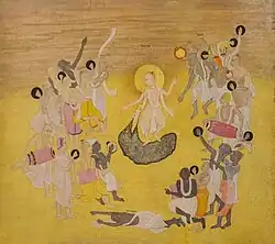 Kisangarh painting of Chaitanya dancing in a puddle of his own tears surrounded by followers, c. 1750.