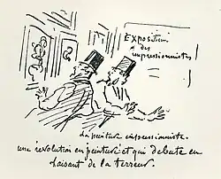 A caricature of the First Impressionist Exhibition by Charles Amédée de Noé. The caption reads: "Impressionist painting: a revolution in painting that is starting to spread alarm."