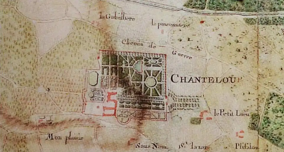 Detail from a plan of 1761 (north to the left), showing the French formal gardens (Bibliothèque Municipale, Tours)[14]