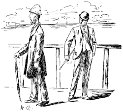 A drawing of two men at the seaside. One is wearing an unusual helmet-like hat