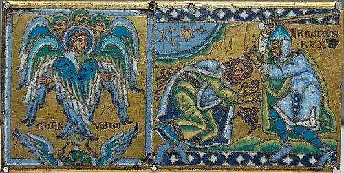 The right panel shows Emperor Heraclius, in armor, holding a sword and preparing to strike the submissive Khosrow. The left panel shows a cherub with palms open.
