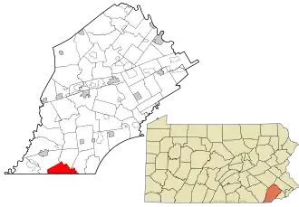 Location of Elk Township in Chester County (left) and of Chester County in Pennsylvania (right)