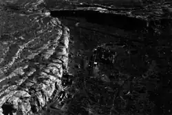 A black-and-white picture of a large ruin