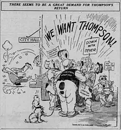 Anti-Thompson cartoon run on the front page of the Chicago Tribune on March 28 depicting a "great demand for Thompson's return" among various sorts of grafters that Dever is depicted as having kicked out of City Hall and put "out of work for four years"