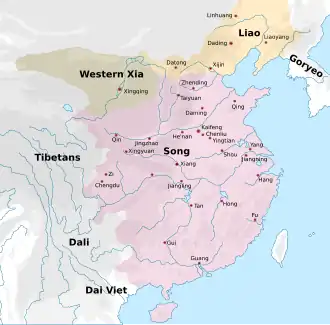 A map showing the territory of the Song, Liao, and Western Xia dynasties. The Song occupies the east half of what constitutes the territory of the modern China, except for the northernmost areas (modern Inner Mongolia and above). Western Xia occupies a small strip of land surrounding a river in what is now Inner Mongolia and Ningxia, and the Liao occupy a large section of what is today north-east China.
