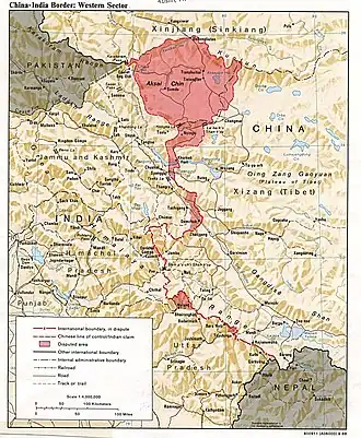 1988 CIA map of Aksai Chin. Hindutash is just north of the town of Kangxiwar, Xinjiang shown at the top of the map, north of Aksai Chin.
