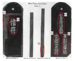 ① 永樂五年: Yong-le emperor 5 years: 1407 AD. ② 信符: Plate ③ 底馬撒宣慰司: Di-ma-sa Xuanwei Si ④ 皇帝聖旨: Imperial edict ⑤ 合當差發: “合當” means must or should, "差發" is a commercial form in the early Ming dynasty that frontier ethnic groups or tribes exchange horses for tea with Ming officials. "合當差發" could be understood as if you have this plate then you can exchange horses for tea with a Ming official. The Ming dynasty prohibits the folk tea trade with frontier ethnics and tribes. "合當差發" is the only way they can get tea from Ming. ⑥ 不信者斬: If somebody does not comply, he should be killed.