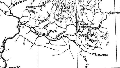 Map of the Chitina River valley. "x" depicts a copper prospect while "+" depicts a gold placer.