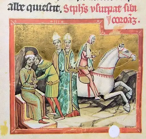 Chronicon Pictum, Hungarian, Hungary, King Ladislaus II, crown, stealing, white horse, Holy Crown of Hungary, medieval, chronicle, book, illumination, illustration, history