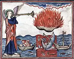 Cloisters Apocalypse, an angel sounds an añafil (the 2nd trumpet) and fire rains on the sea.