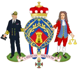 Arms of Margaret Thatcher, with Isaac Newton and a Royal Navy Admiral as supporters.