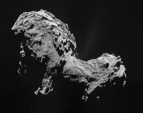 Image 12 67P/Churyumov–Gerasimenko Photograph: ESA/Rosetta/NAVCAM A black-and-white photographic mosaic depicting the comet 67P/Churyumov–Gerasimenko, as photographed by the probe Rosetta. This Jupiter-family comet, which was originally from the Kuiper belt, is about 4.3 km (2.7 mi) across, has a current orbital period of 6.45 years, a rotation period of approximately 12.4 hours, and a maximum velocity of 135,000 km/h (38 km/s; 84,000 mph). It was first observed on photographic plates in 1969 by Soviet astronomers Klim Churyumov and Svetlana Gerasimenko, after whom it is named. More selected pictures