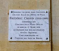 Plaque, Rouen, France, commemorating Chopin's 1838 concert for the benefit of his friend Antoni Orłowski