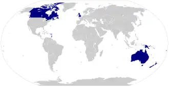 A world map with the Commonwealth realms highlighted. The realms are predominantly located in North America and Oceania.